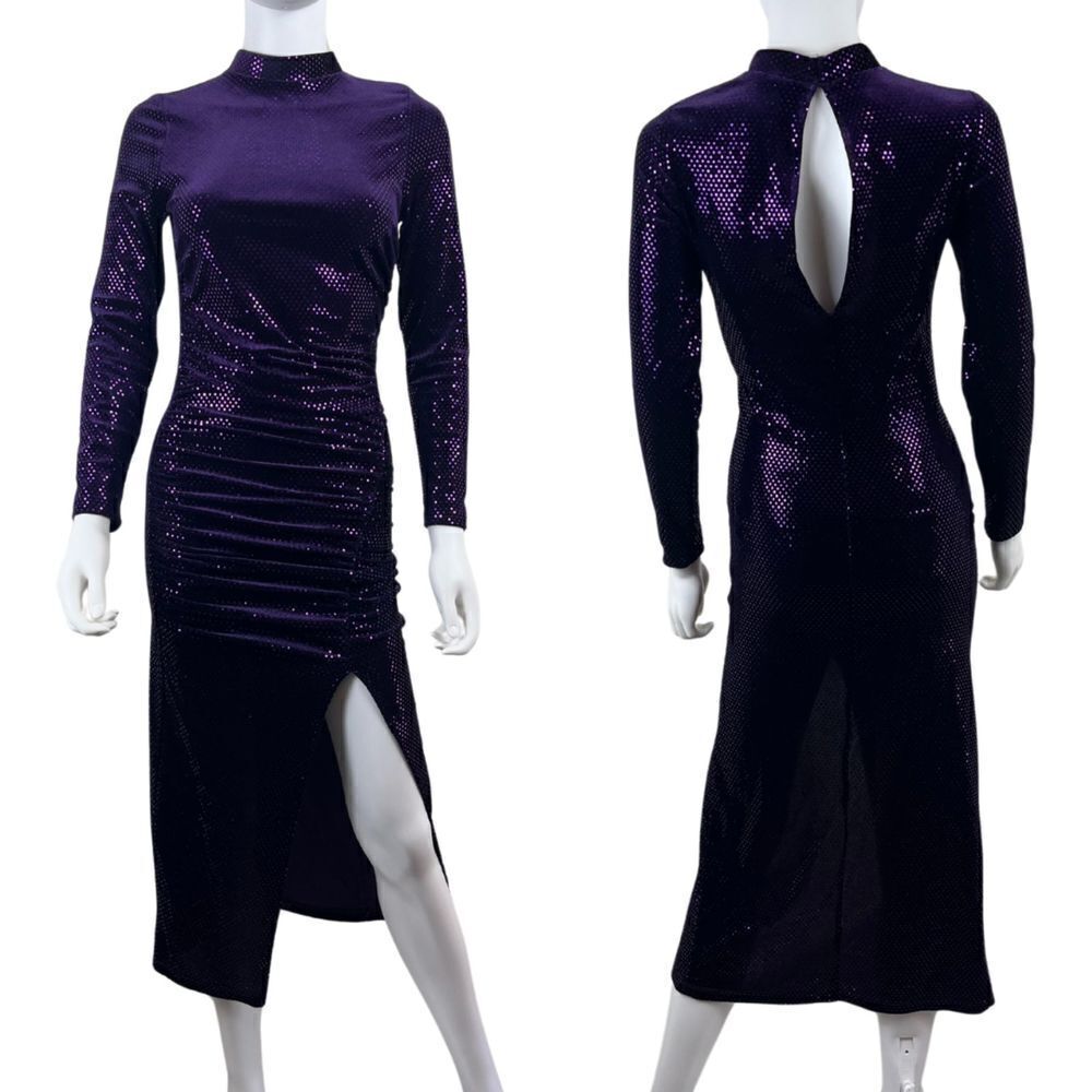 Zara Women Size XS Purple Sequins Velvet Ruched Midi Dress Long Sleeve Mock Neck - Picture 1 of 15
